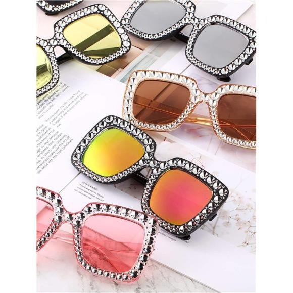 6 Pairs Crystal Oversized Square Sunglasses Diamond Glitter Sunglasses Retro - Picture 4 of 6